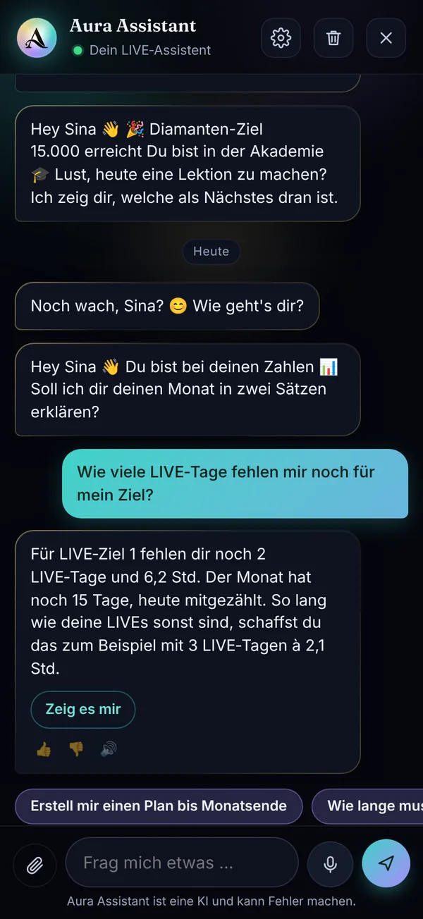 Aura Assistant beantwortet eine Frage zu fehlenden LIVE-Tagen